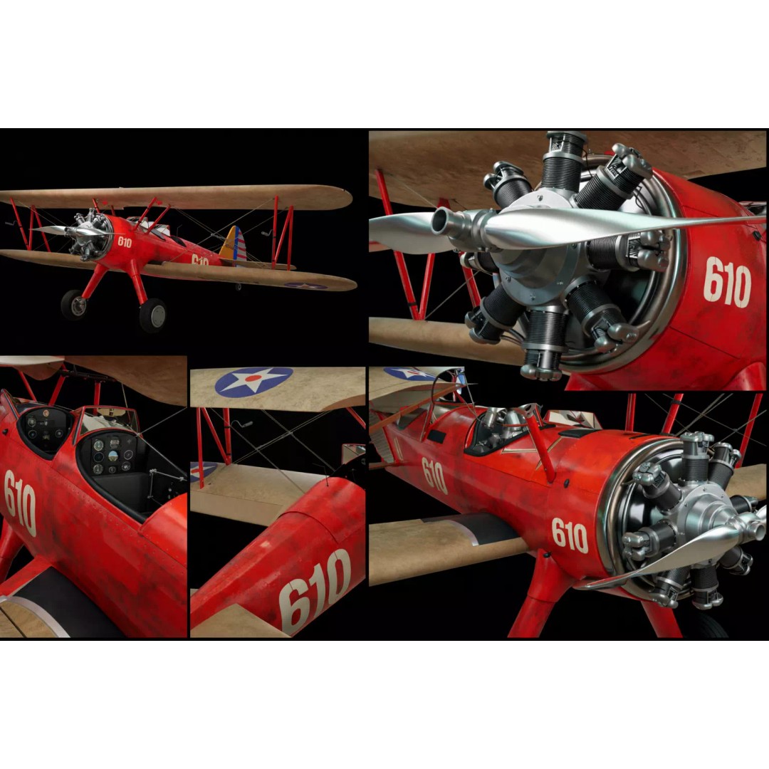 Vintage Red Biplane 3D Model – High Detail WW1 Aircraft, Game Ready PBR - View 3