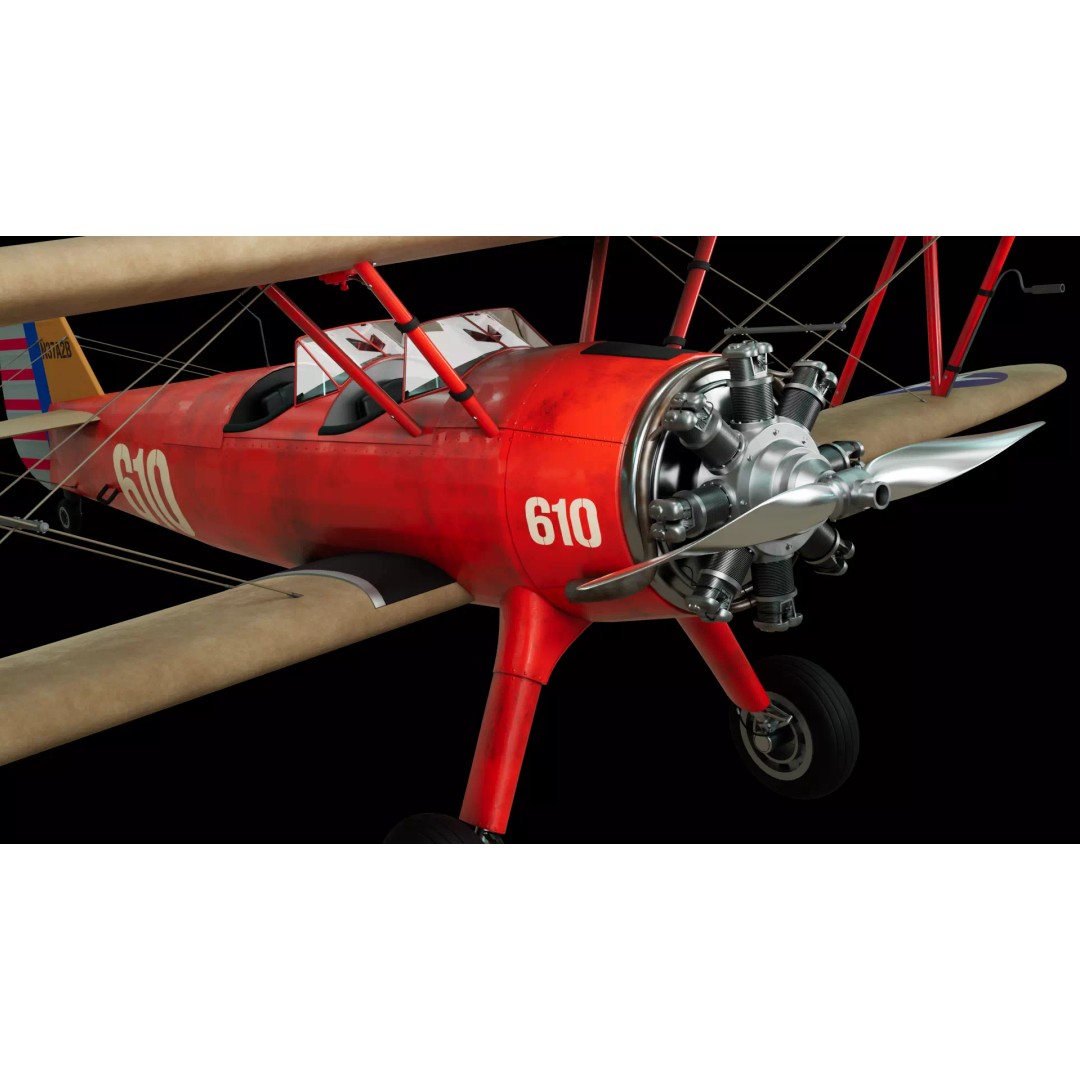 Vintage Red Biplane 3D Model – High Detail WW1 Aircraft, Game Ready PBR - View 4