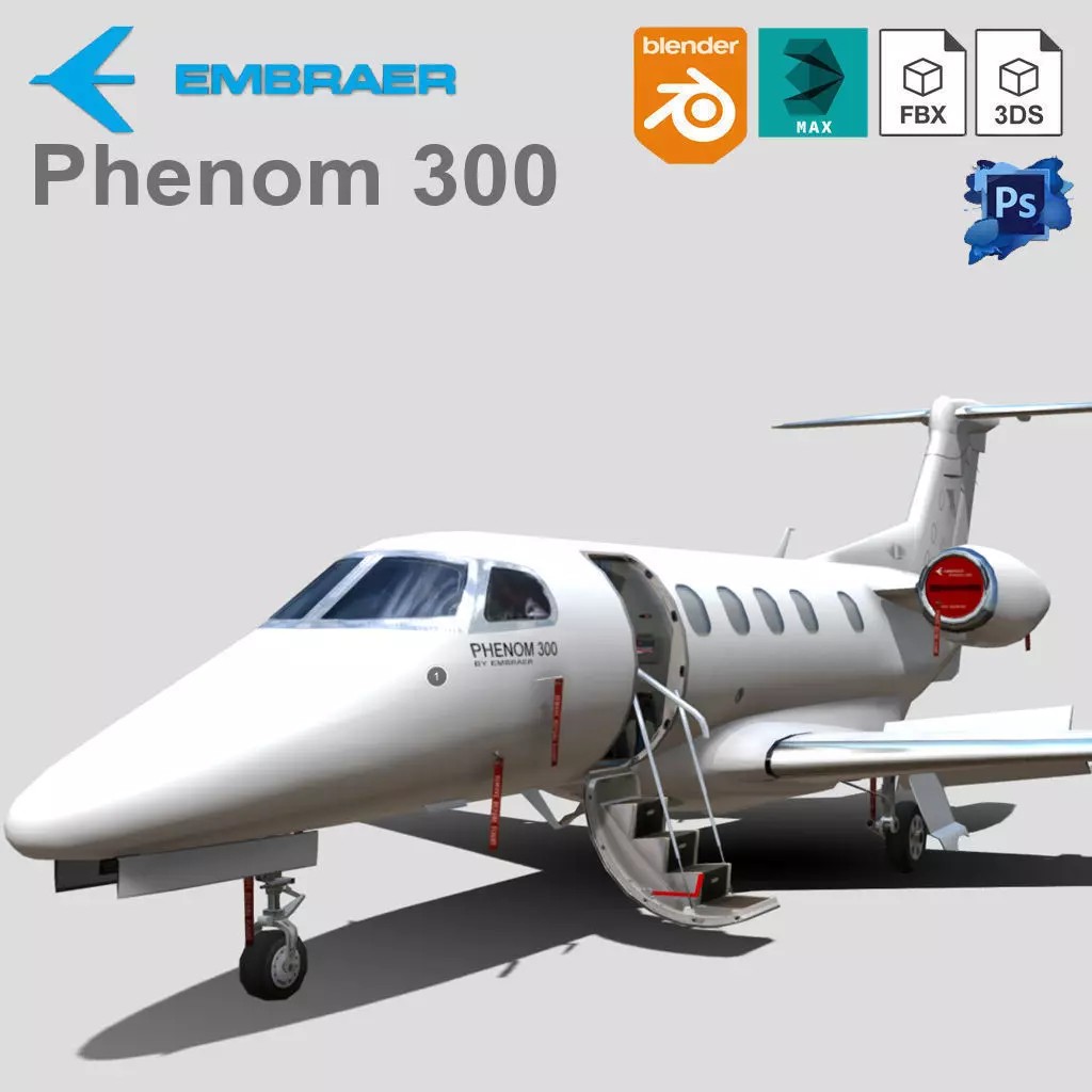 Embraer Phenom 300 3D Model – Low Poly Animated Jet, FBX, OBJ - View 2