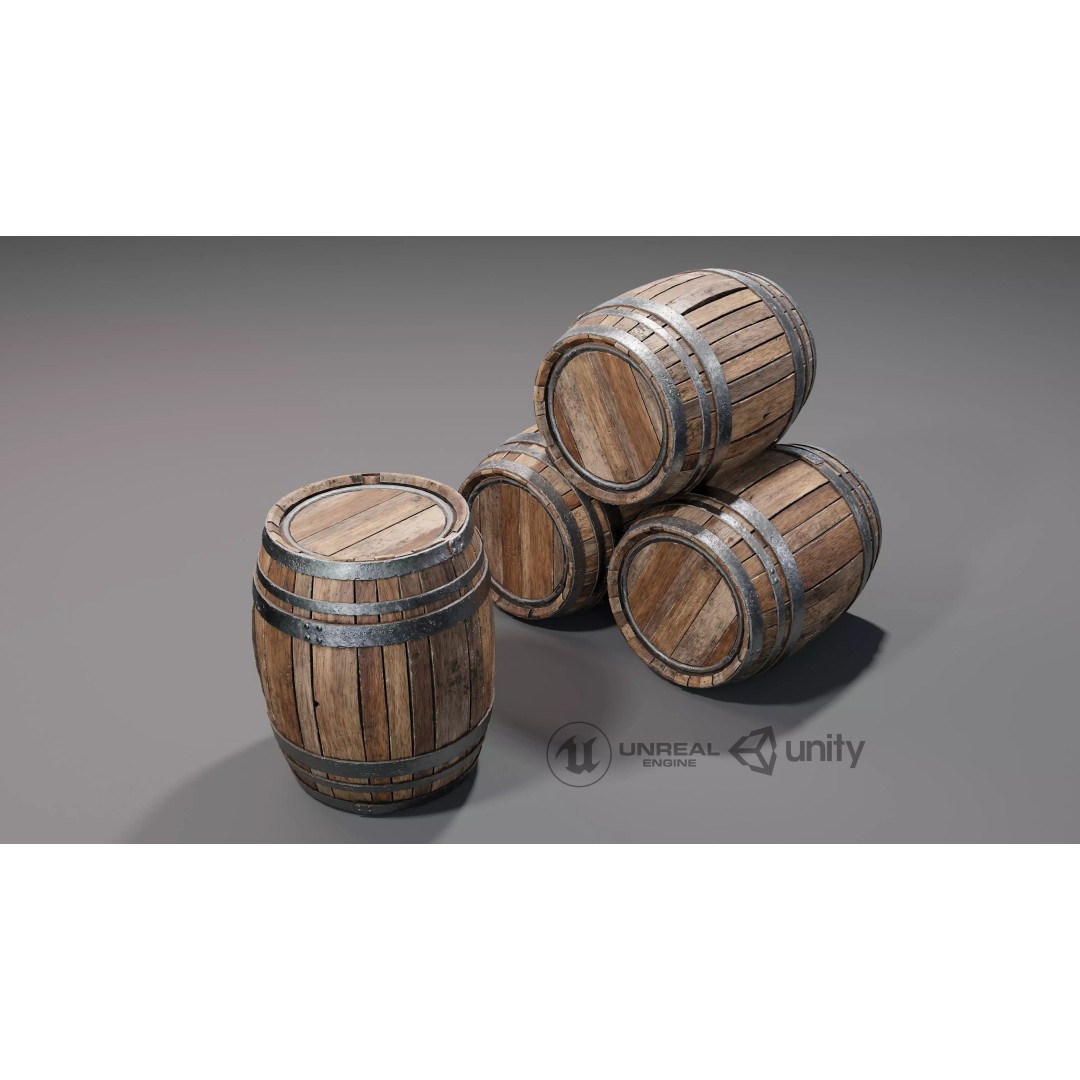 Wooden Barrel 3D Model – Low Poly Game Asset, PBR Textures, FBX - View 2