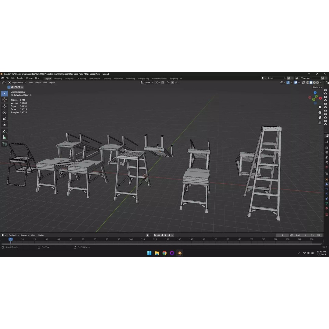 Low Poly Ladder and Staircase 3D Model – Game-Ready Asset Pack, FBX, OBJ