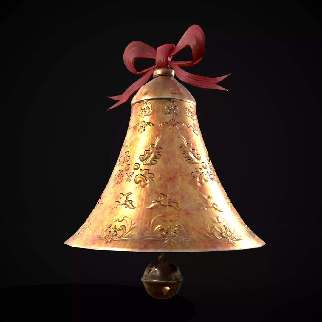 Gold Bell Tree Ornament 3D Model – Low Poly PBR Asset, FBX & OBJ - View 2