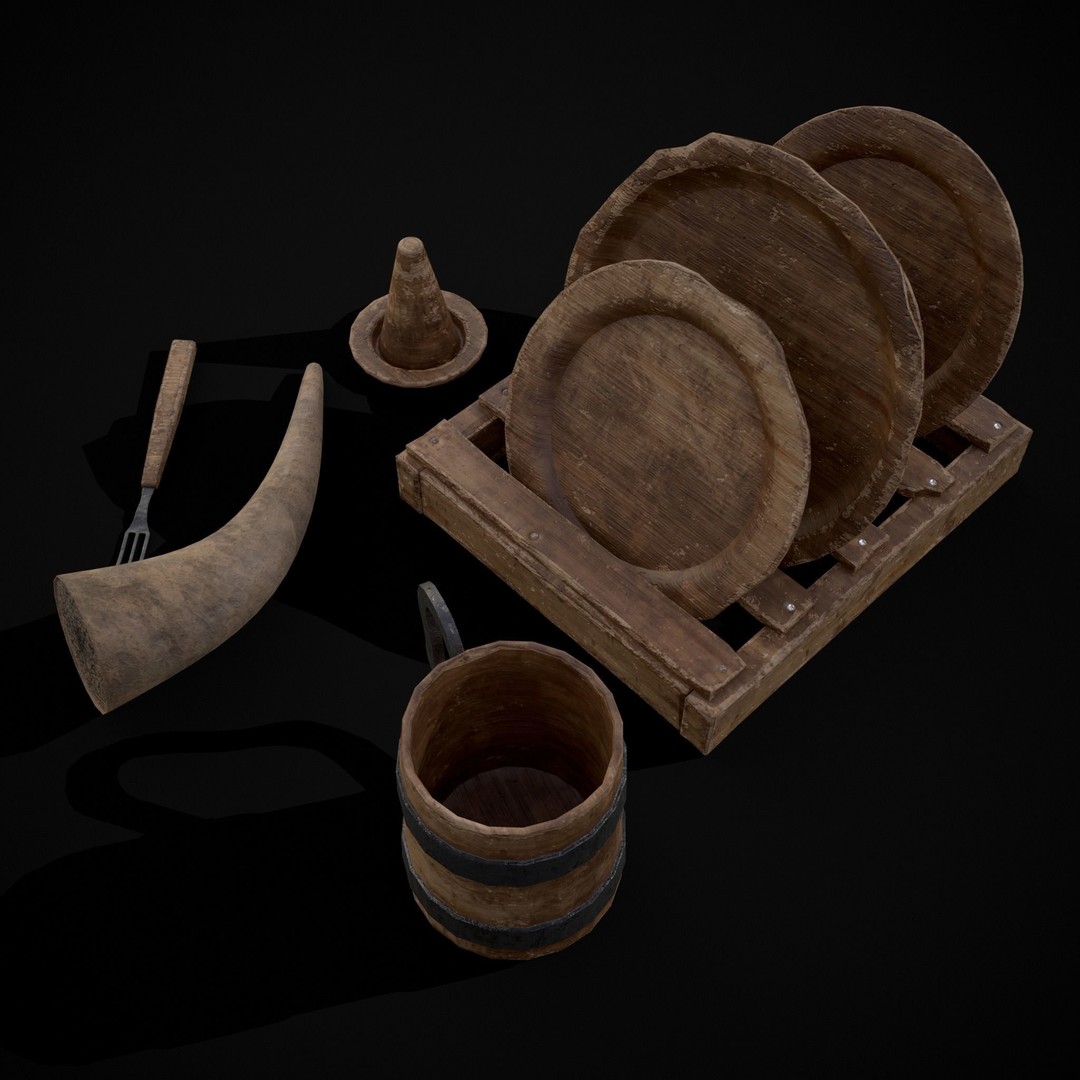 Wooden Medieval Dish Washing Set 3D Model – Low Poly PBR Kitchenware, FBX - View 10