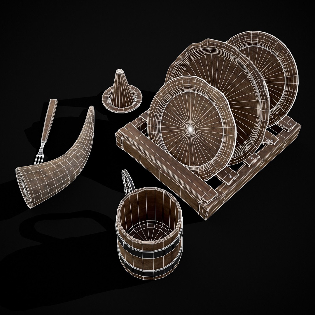 Wooden Medieval Dish Washing Set 3D Model – Low Poly PBR Kitchenware, FBX - View 11