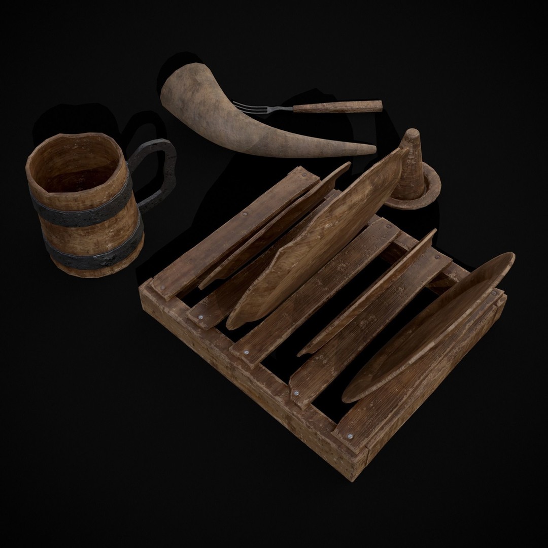 Wooden Medieval Dish Washing Set 3D Model – Low Poly PBR Kitchenware, FBX - View 12