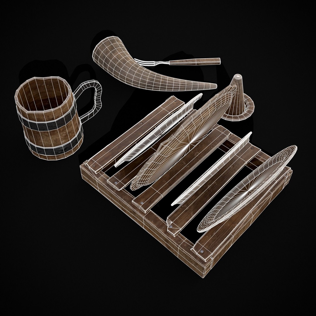 Wooden Medieval Dish Washing Set 3D Model – Low Poly PBR Kitchenware, FBX - View 13