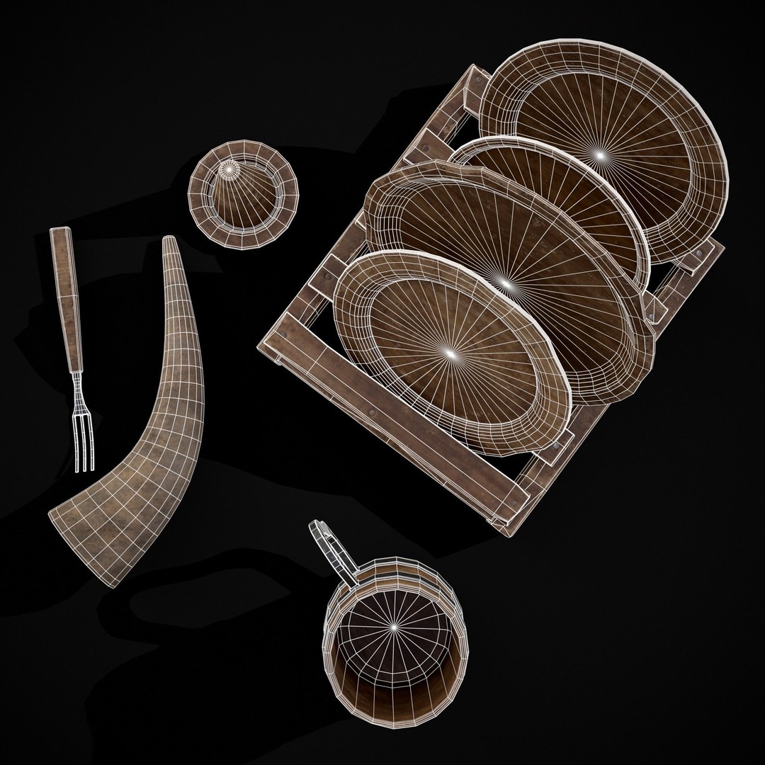 Wooden Medieval Dish Washing Set 3D Model – Low Poly PBR Kitchenware, FBX - View 14