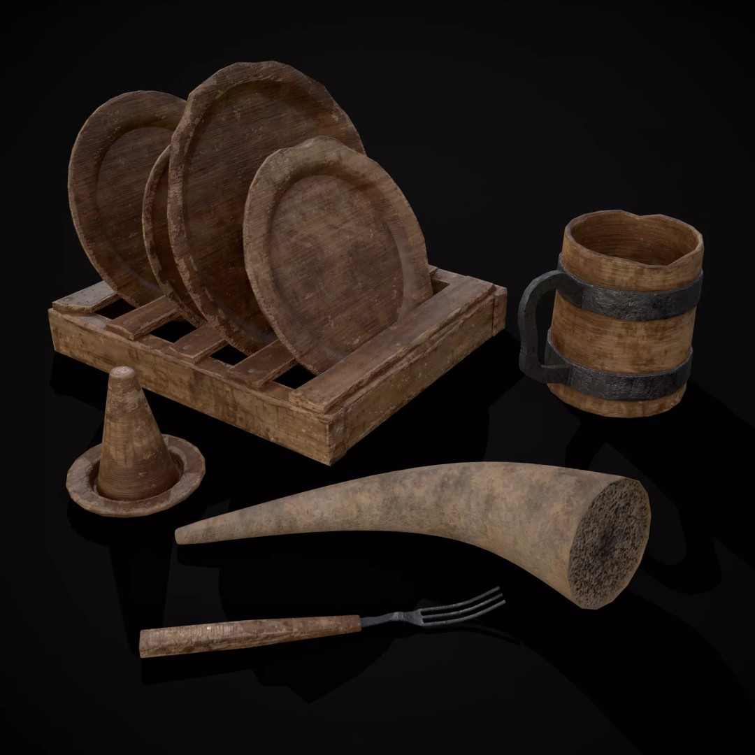 Wooden Medieval Dish Washing Set 3D Model – Low Poly PBR Kitchenware, FBX - View 2