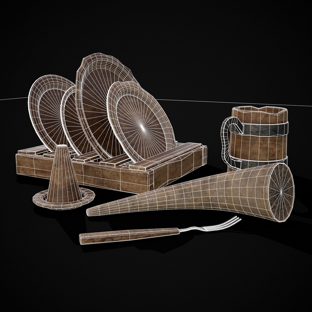 Wooden Medieval Dish Washing Set 3D Model – Low Poly PBR Kitchenware, FBX - View 20