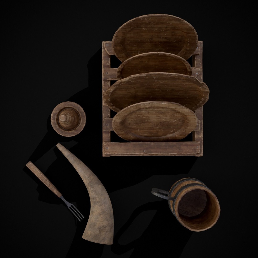 Wooden Medieval Dish Washing Set 3D Model – Low Poly PBR Kitchenware, FBX - View 21