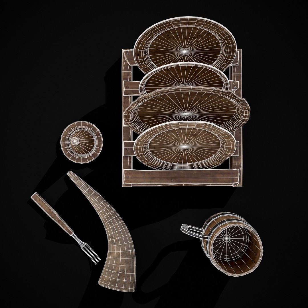 Wooden Medieval Dish Washing Set 3D Model – Low Poly PBR Kitchenware, FBX - View 22