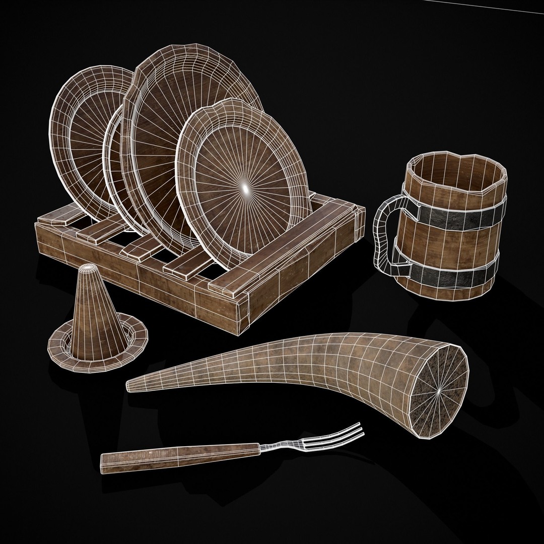 Wooden Medieval Dish Washing Set 3D Model – Low Poly PBR Kitchenware, FBX - View 3