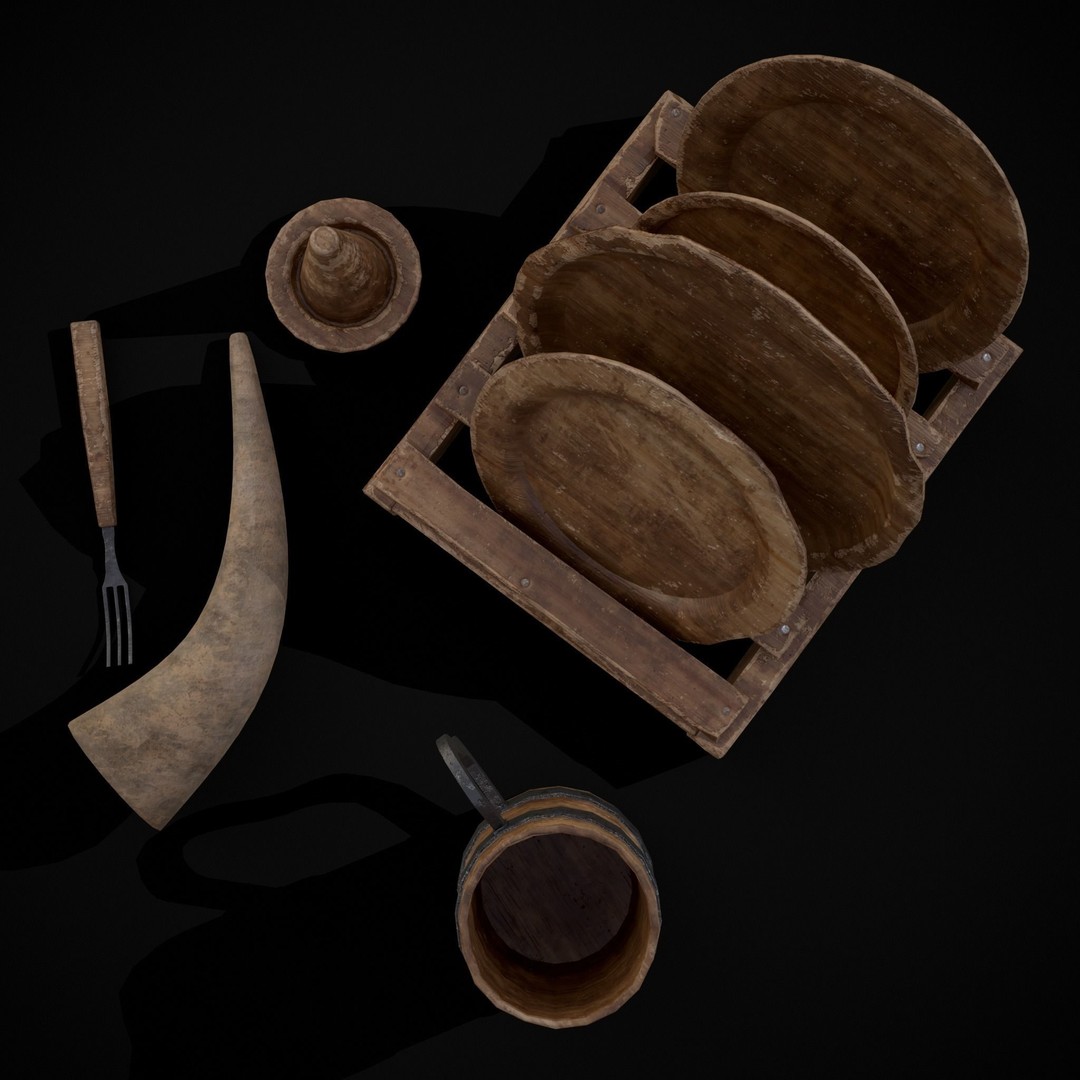 Wooden Medieval Dish Washing Set 3D Model – Low Poly PBR Kitchenware, FBX - View 4