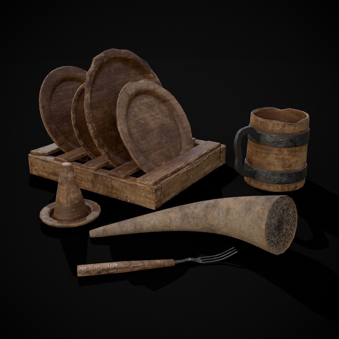 Wooden Medieval Dish Washing Set 3D Model – Low Poly PBR Kitchenware, FBX - View 8