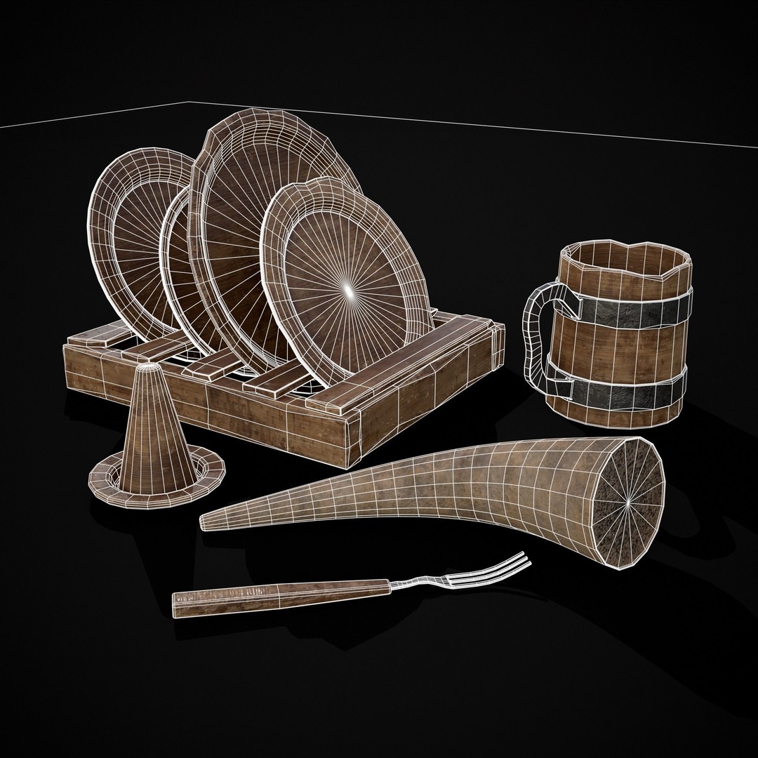 Wooden Medieval Dish Washing Set 3D Model – Low Poly PBR Kitchenware, FBX - View 9