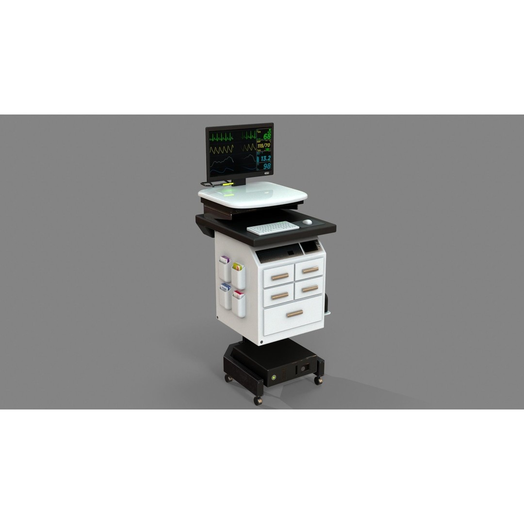 Mobile Computer Cart 3D Model – Low Poly Workstation, FBX, PBR - View 3