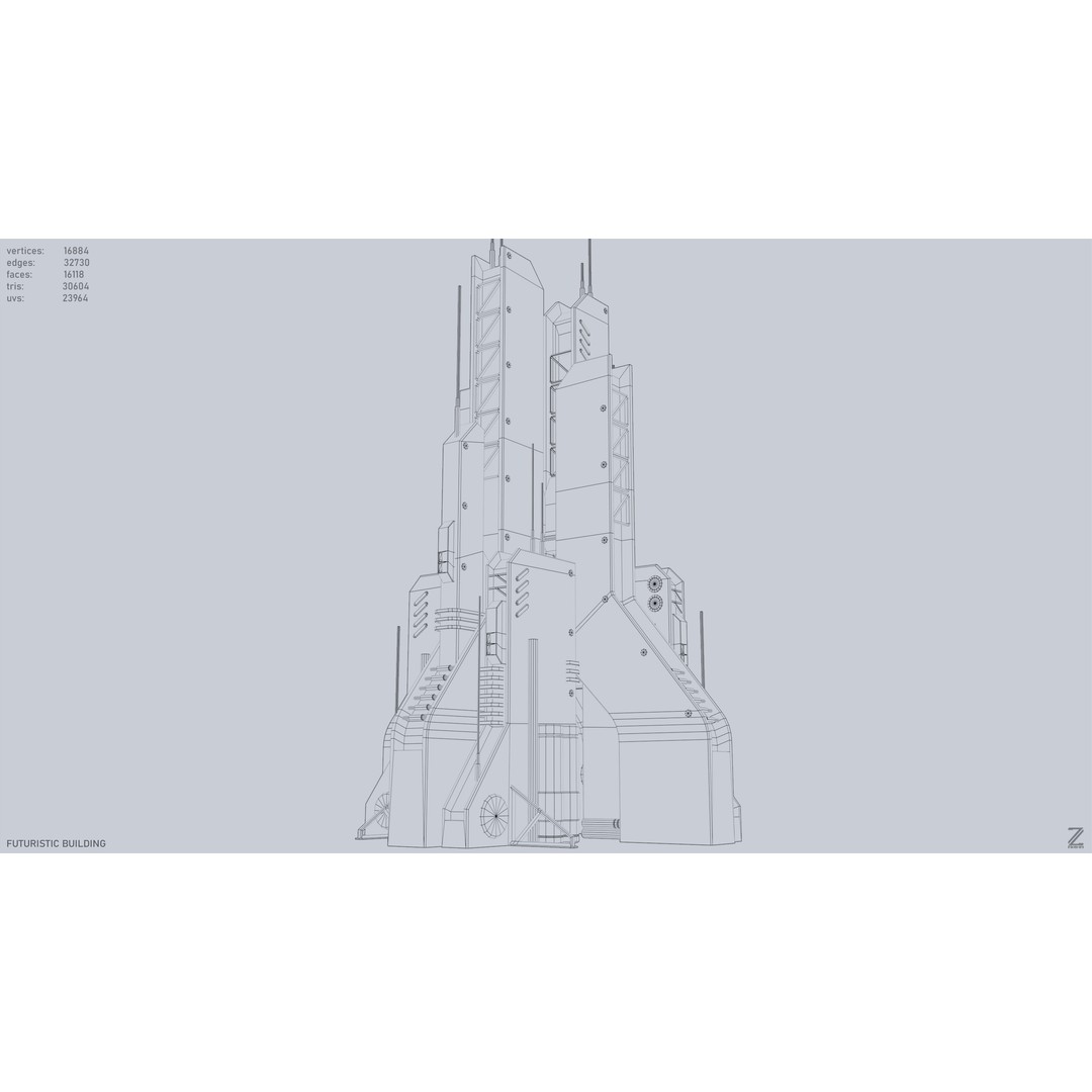 Futuristic Building 3D Model – Low Poly Sci-Fi Architecture, FBX, OBJ - View 15