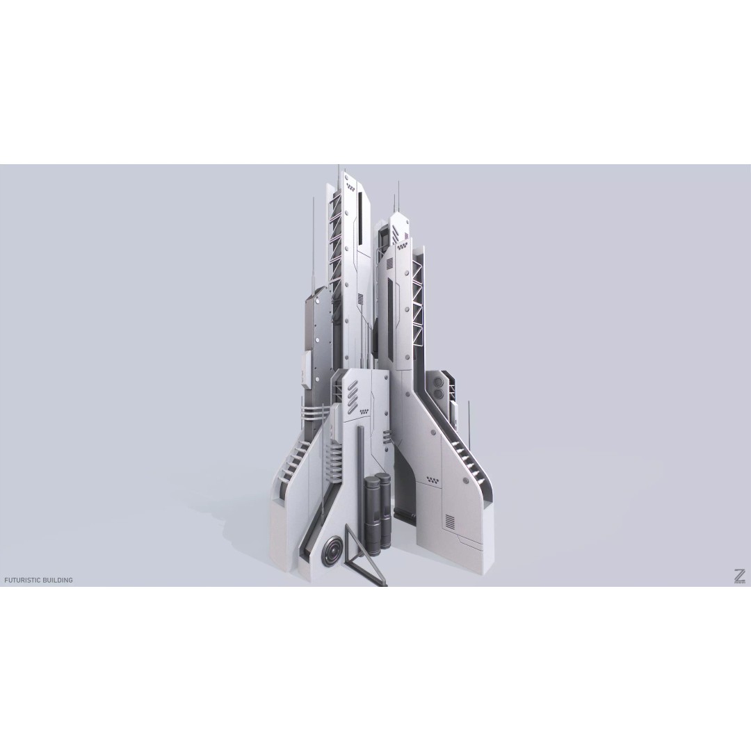 Futuristic Building 3D Model – Low Poly Sci-Fi Architecture, FBX, OBJ - View 2