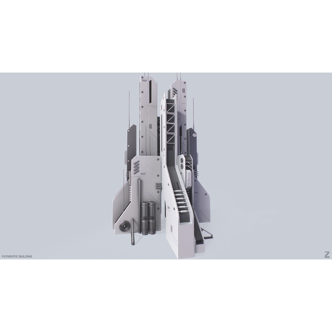 Futuristic Building 3D Model – Low Poly Sci-Fi Architecture, FBX, OBJ - View 3