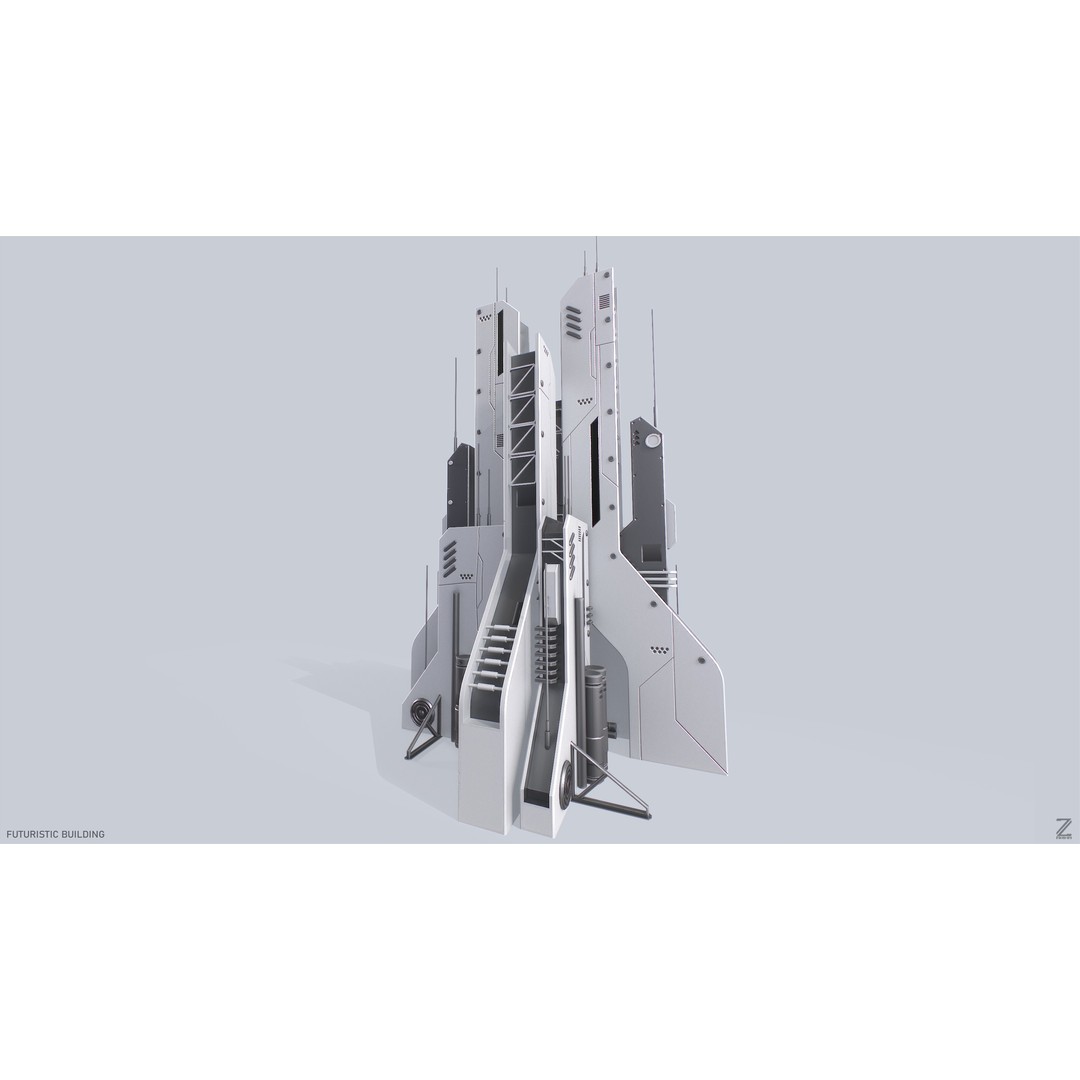 Futuristic Building 3D Model – Low Poly Sci-Fi Architecture, FBX, OBJ - View 6