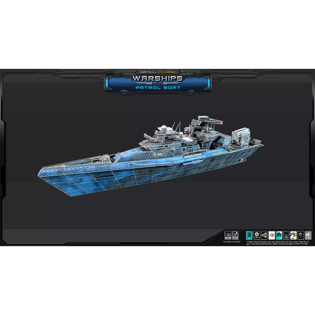 Futuristic Patrol Boat 3D Model – Low Poly Game Asset, FBX, PBR