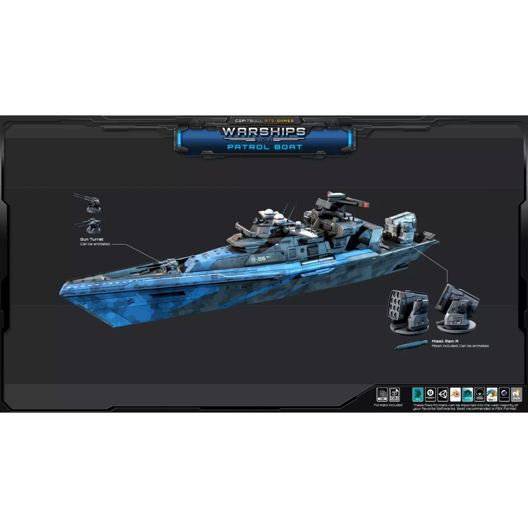 Futuristic Patrol Boat 3D Model – Low Poly Game Asset, FBX, PBR - View 10