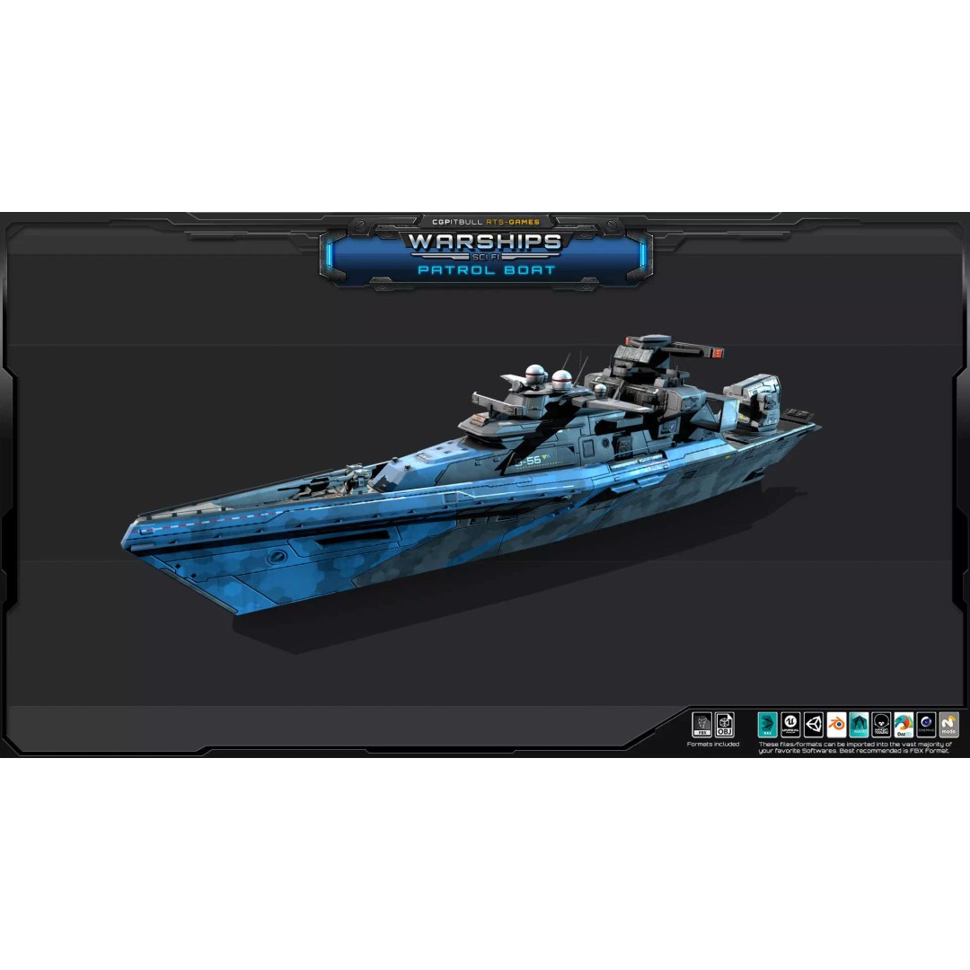 Futuristic Patrol Boat 3D Model – Low Poly Game Asset, FBX, PBR - View 3