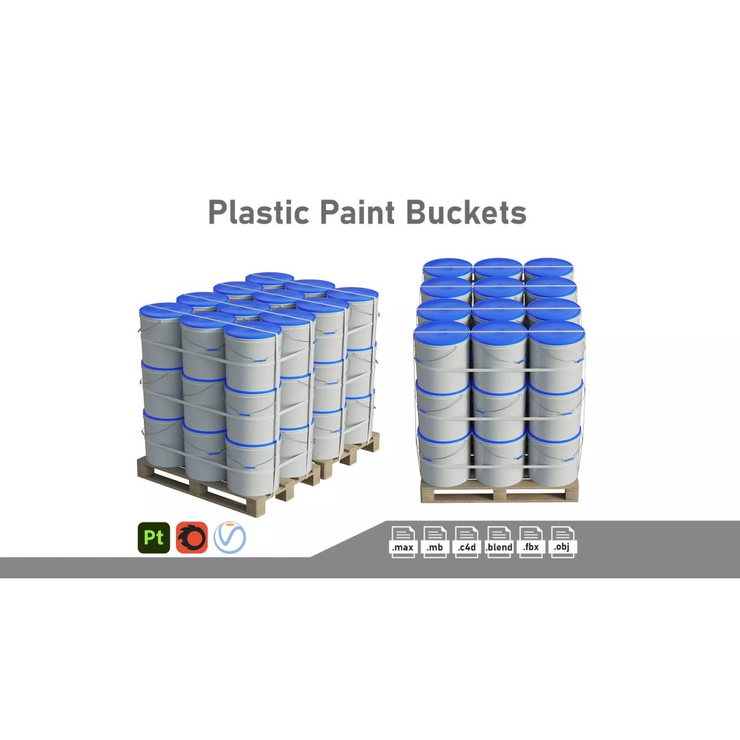Plastic Paint Buckets 3D Model – PBR Textured Game Asset, FBX, OBJ - View 2