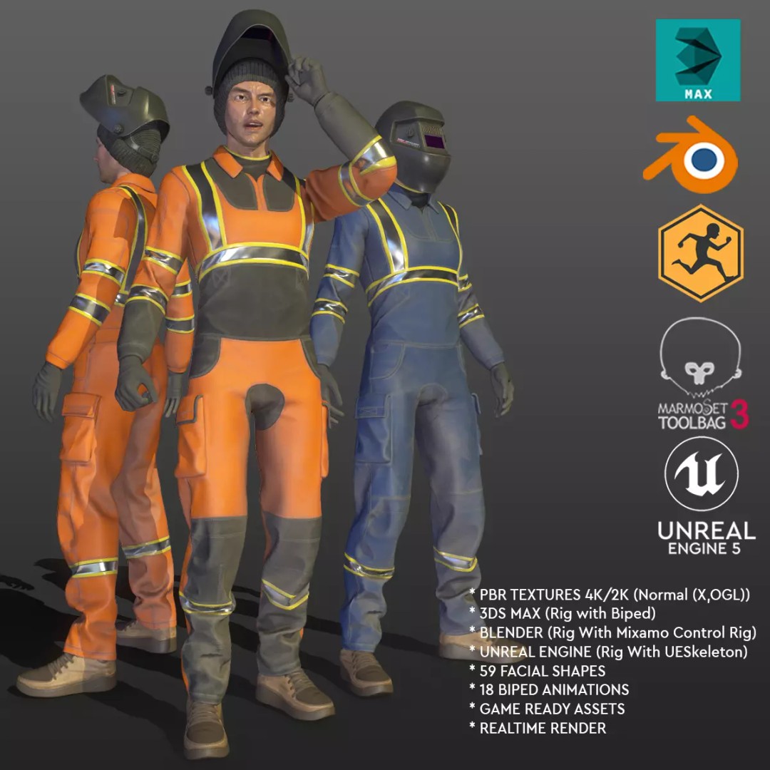 Welder Suit 3D Model – Low Poly Rigged Character for Games - View 2