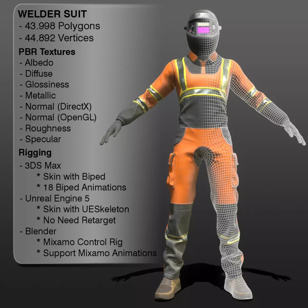 Welder Suit 3D Model – Low Poly Rigged Character for Games - View 3