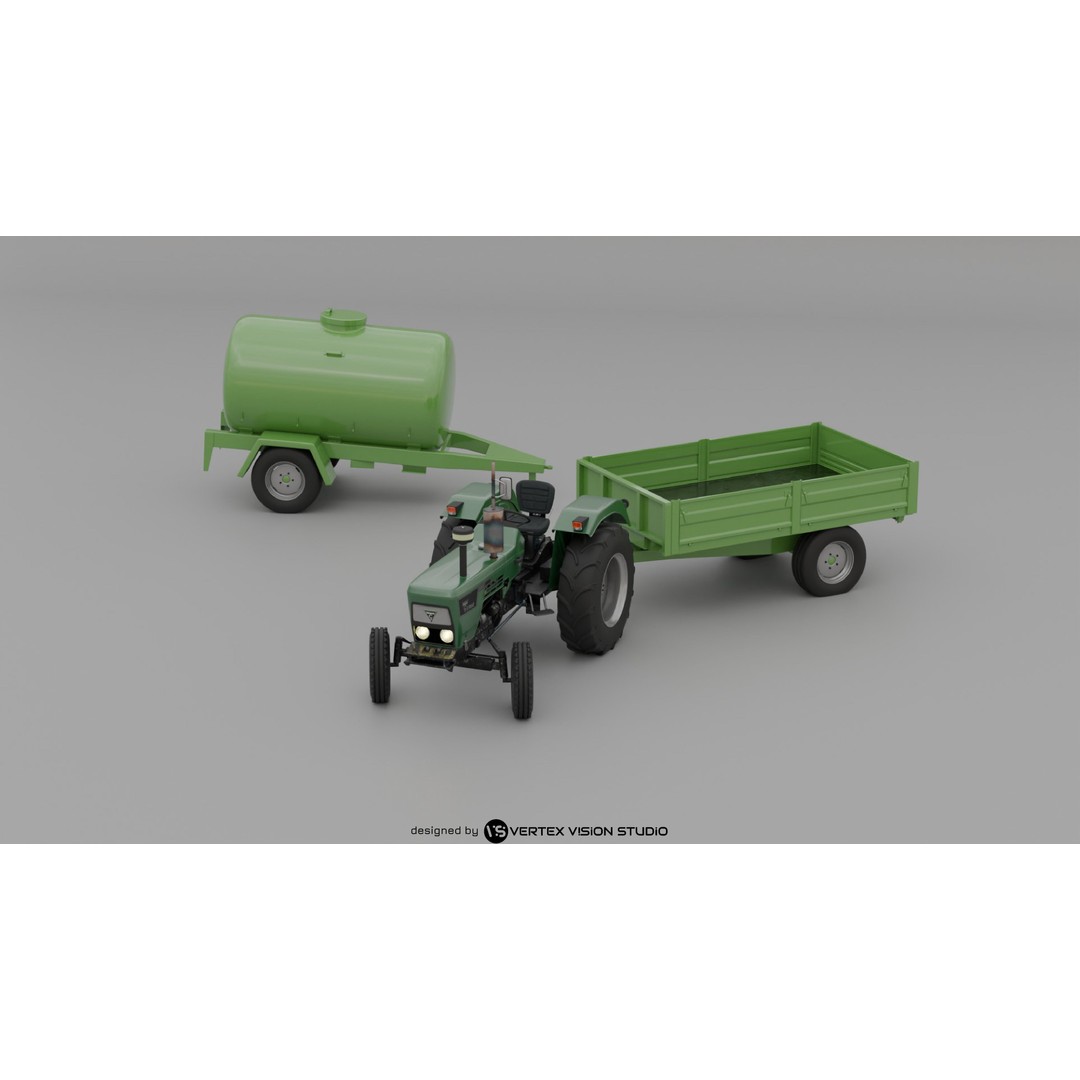 Cirta 6807 Tractor 3D Model – High-Quality Game Asset with Trailer and Water Tank - View 13