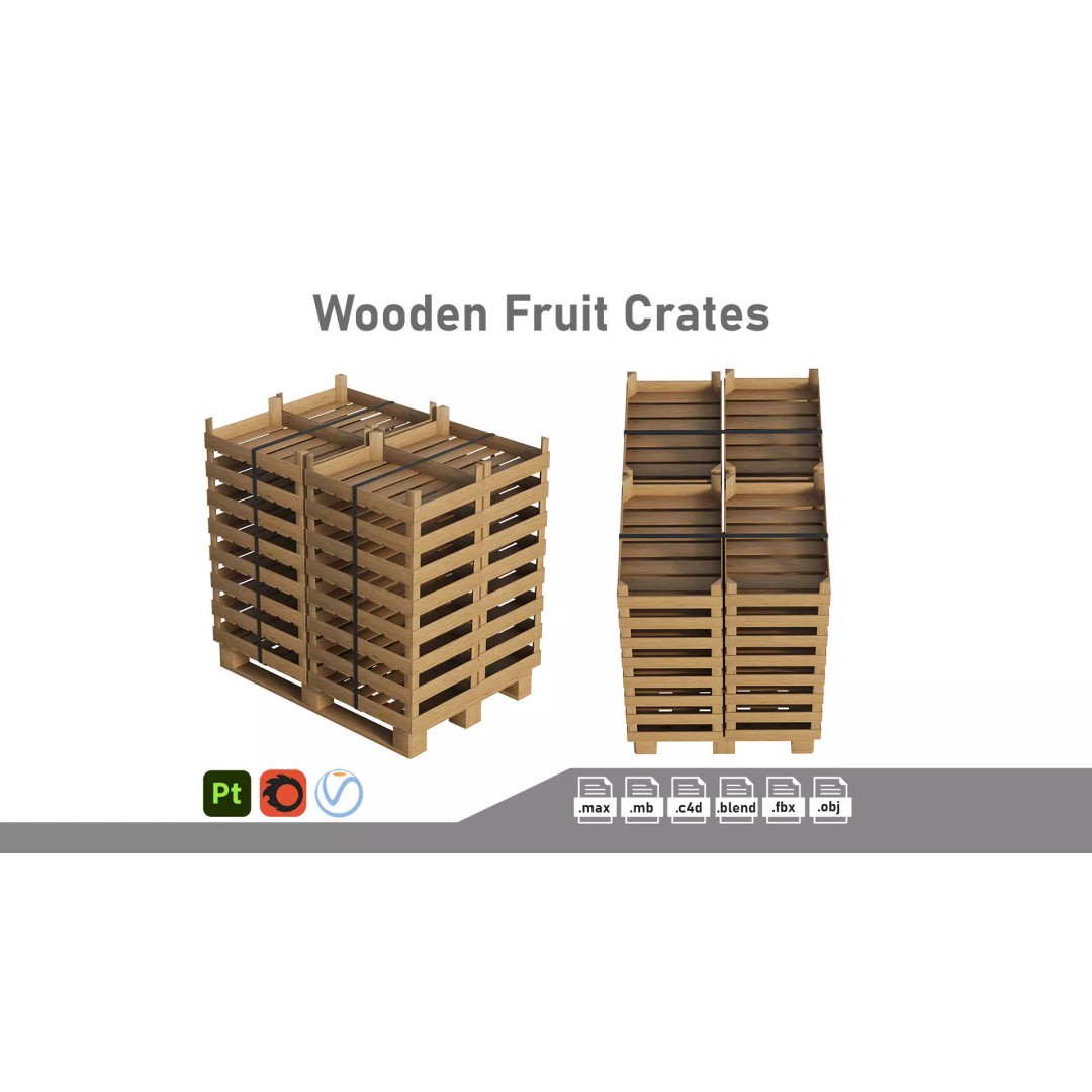 Wooden Fruit Crates 3D Model – PBR Textured, Game Ready, FBX - View 2