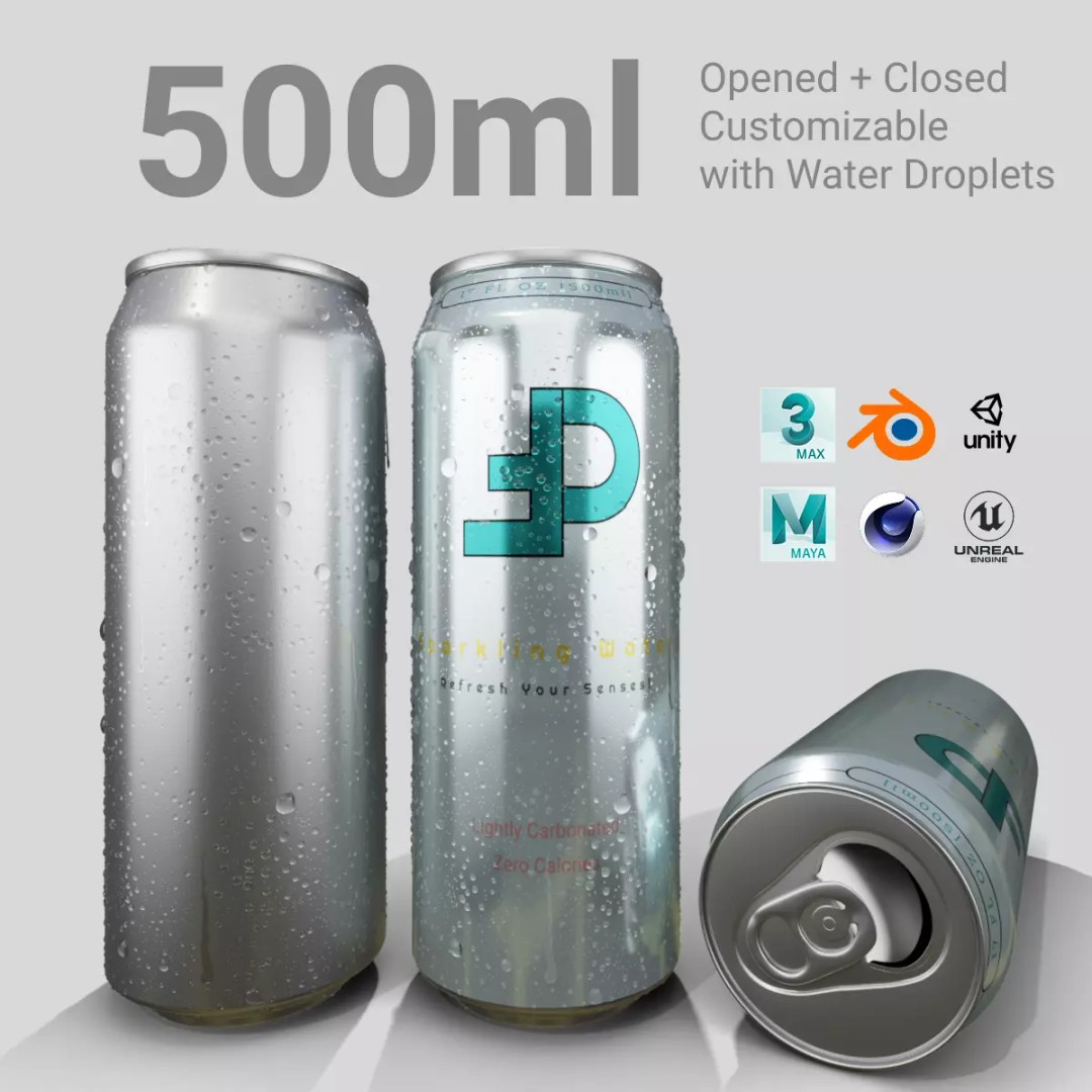 Realistic 500ml Beverage Can 3D Model – Low Poly PBR Asset, FBX, Blender - View 2