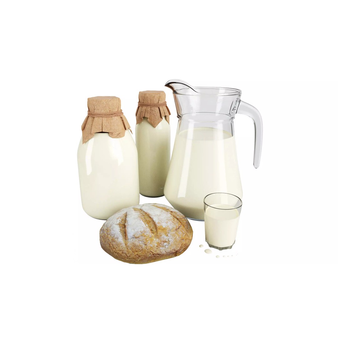 Milk with Village Bread 3D Model – High Poly Food Asset, FBX - View 2