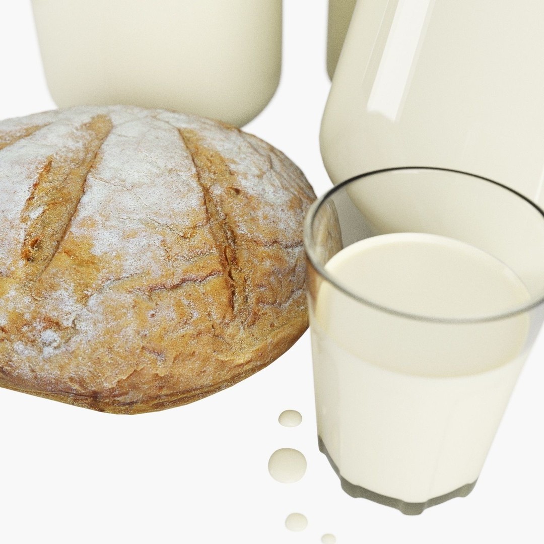 Milk with Village Bread 3D Model – High Poly Food Asset, FBX - View 3