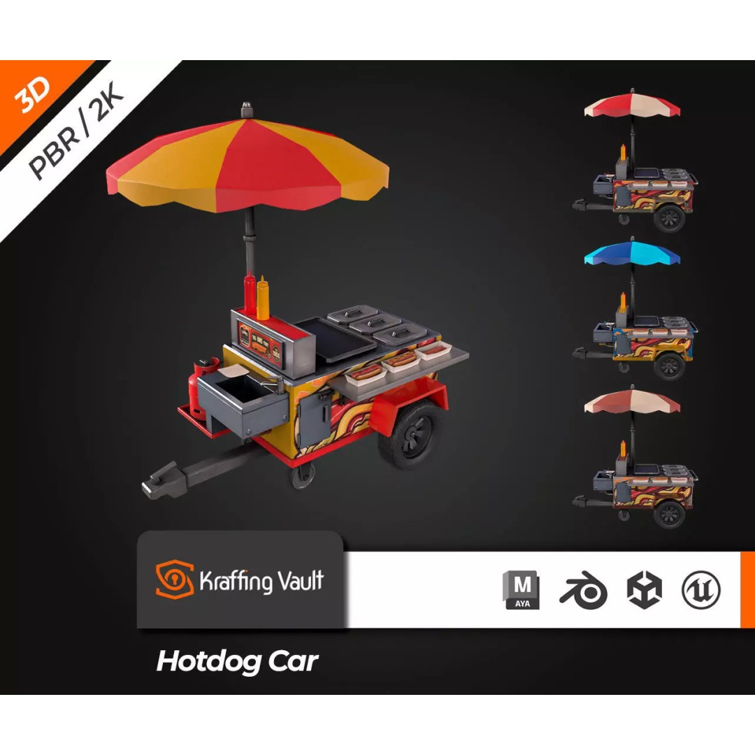 Hotdog Car 3D Model – Low Poly Game Asset, FBX, PBR Textures - View 2