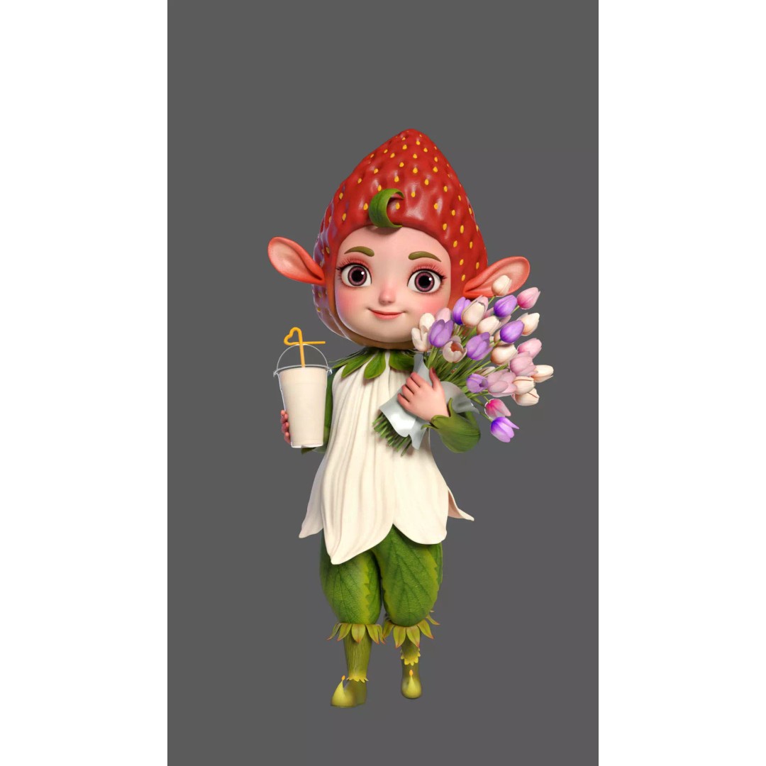 Cute Strawberry Character 3D Model – Realistic Game Asset, PBR - View 2