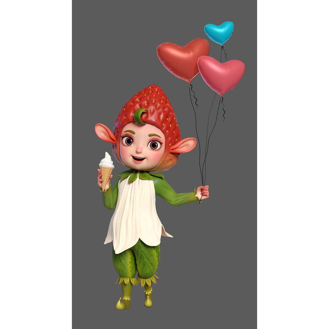Cute Strawberry Character 3D Model – Realistic Game Asset, PBR - View 3