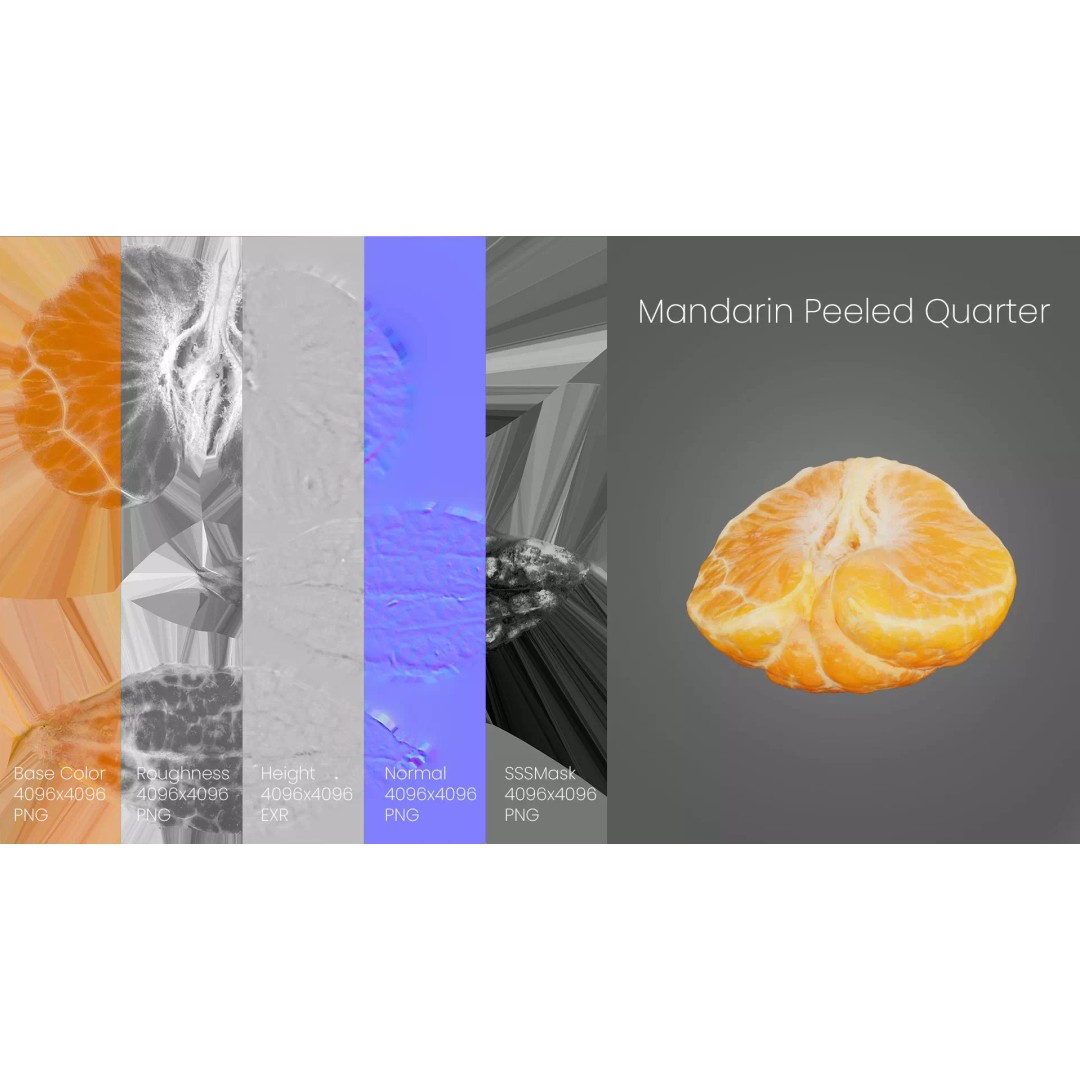 Half Mandarin Piece 3D Model – Realistic Food Asset, PBR Textures, FBX