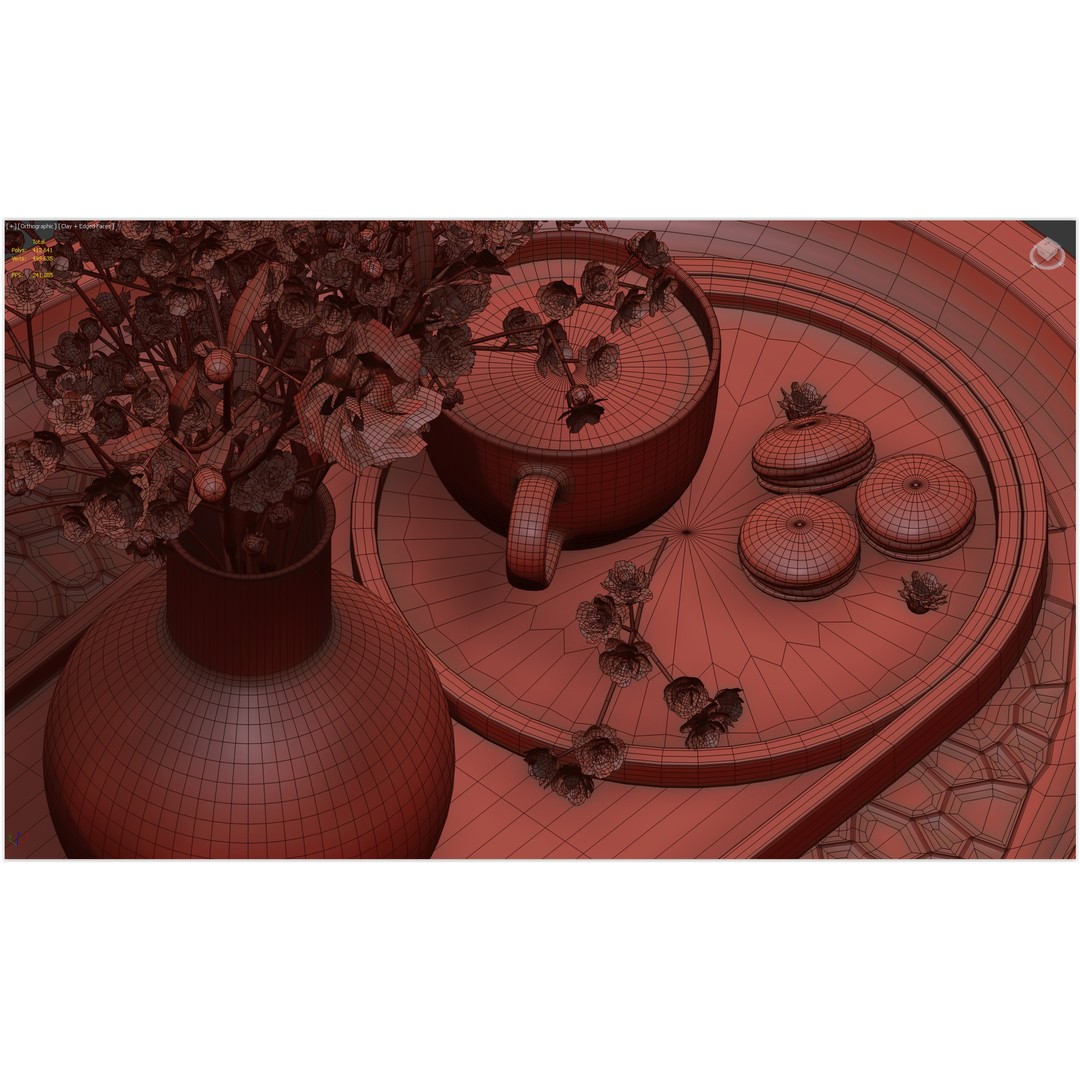 Coffee Set 3D Model – Elegant Decor with Coffee Cup and Flowers
