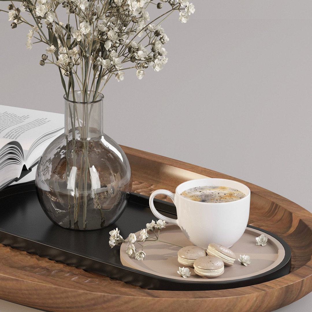 Coffee Set 3D Model – Elegant Decor with Coffee Cup and Flowers - View 10
