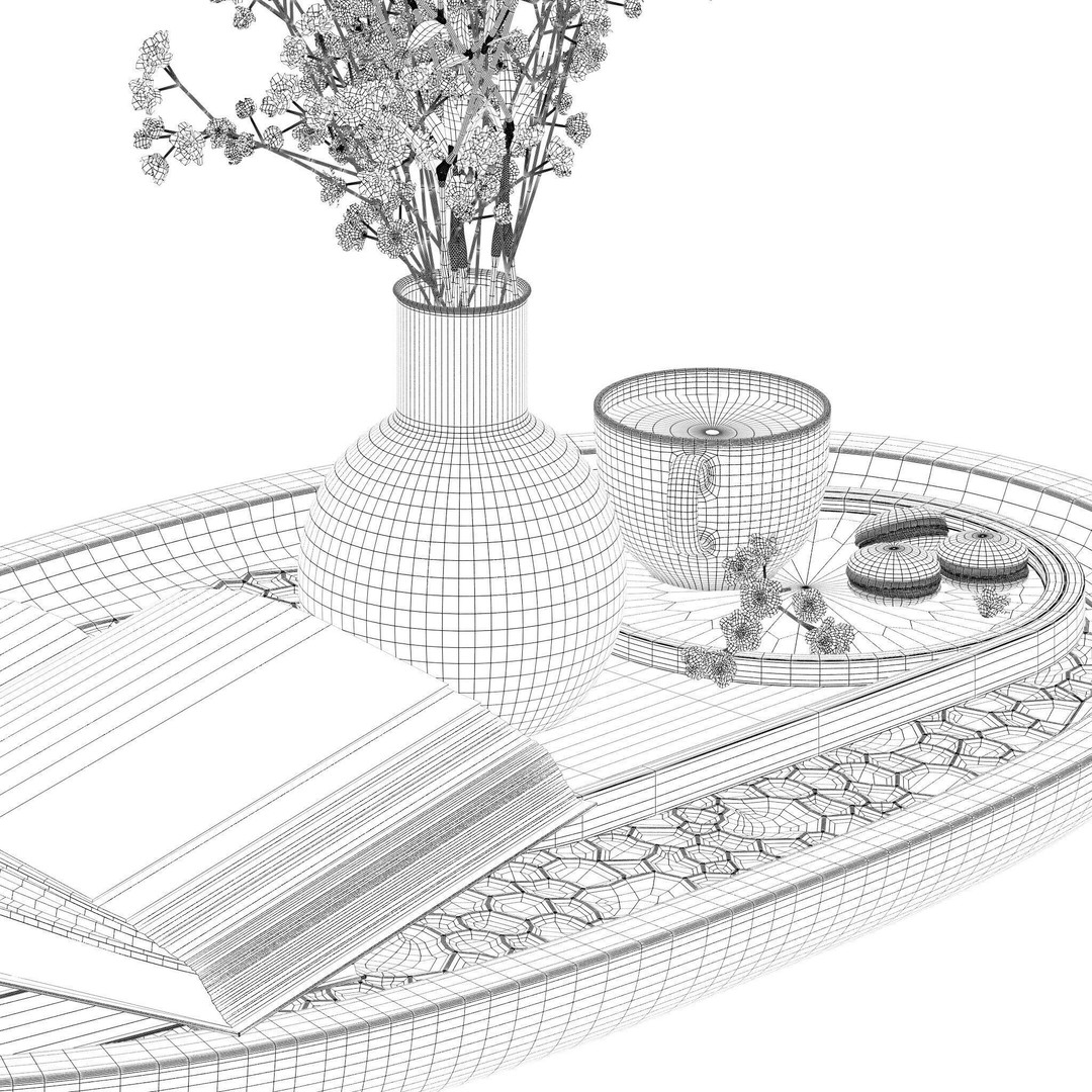 Coffee Set 3D Model – Elegant Decor with Coffee Cup and Flowers - View 12