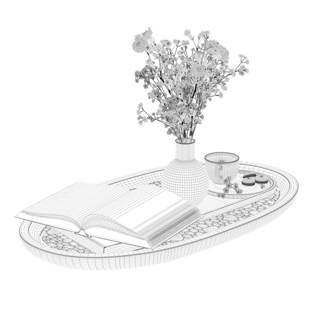 Coffee Set 3D Model – Elegant Decor with Coffee Cup and Flowers - View 13
