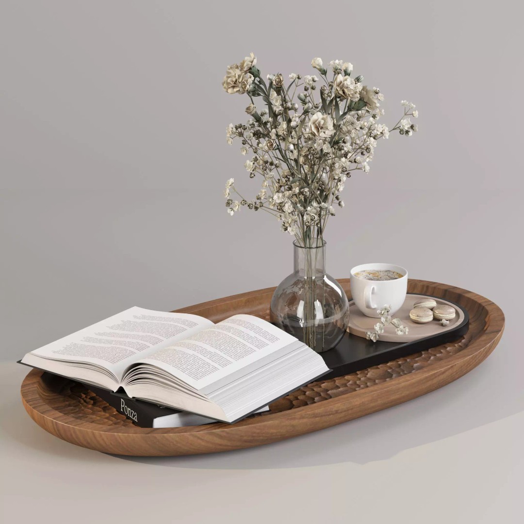 Coffee Set 3D Model – Elegant Decor with Coffee Cup and Flowers - View 2