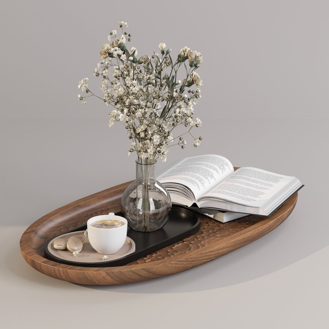Coffee Set 3D Model – Elegant Decor with Coffee Cup and Flowers - View 3