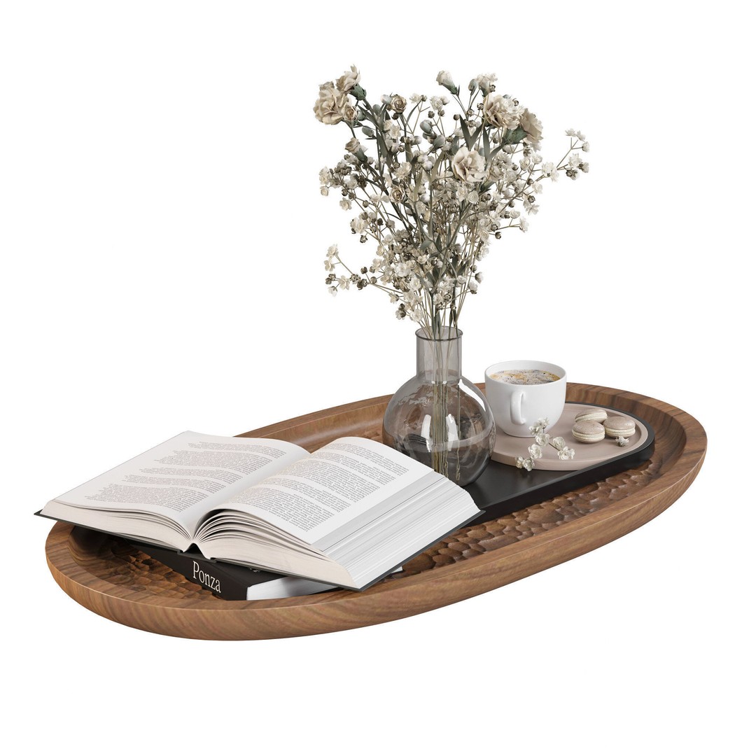 Coffee Set 3D Model – Elegant Decor with Coffee Cup and Flowers - View 5