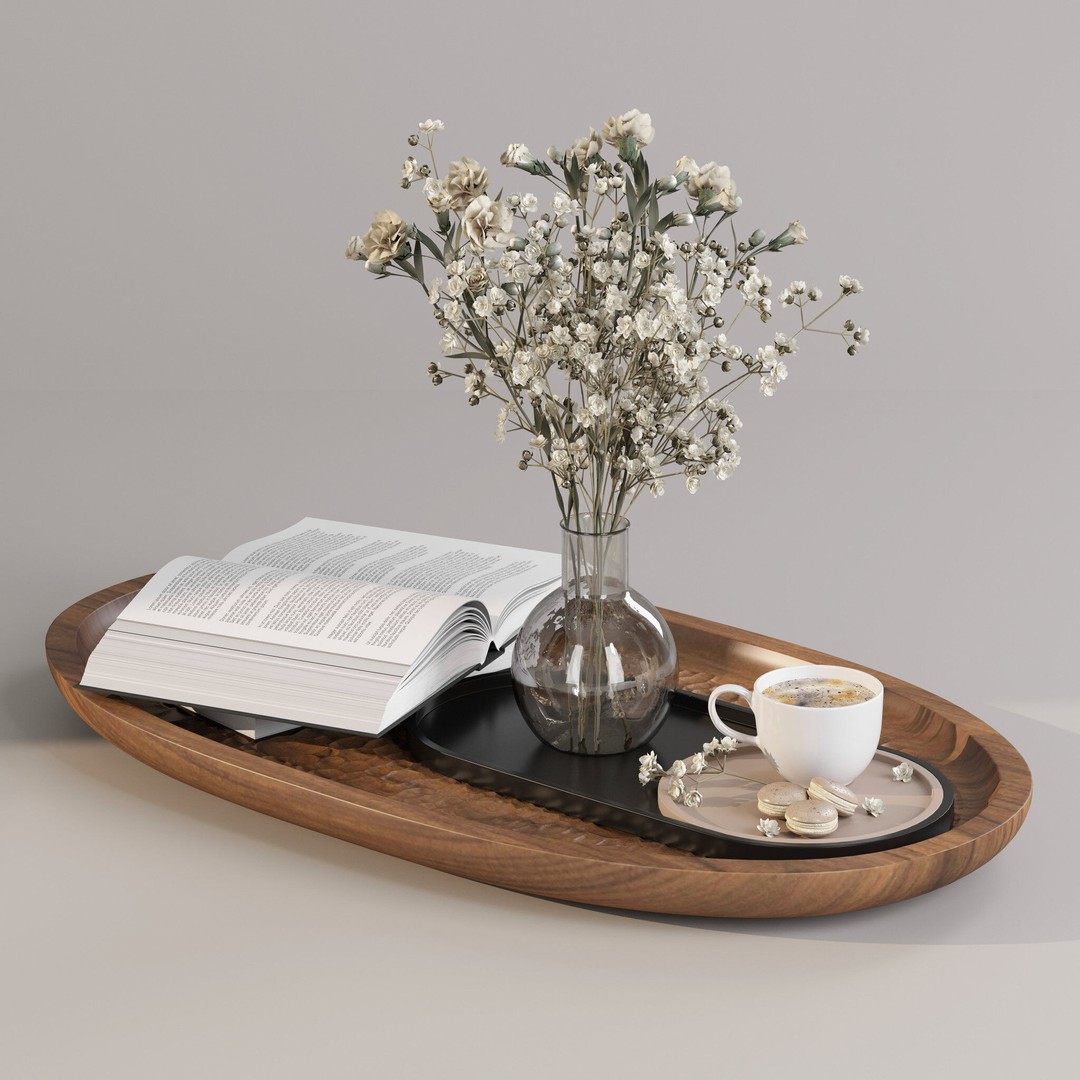 Coffee Set 3D Model – Elegant Decor with Coffee Cup and Flowers - View 9
