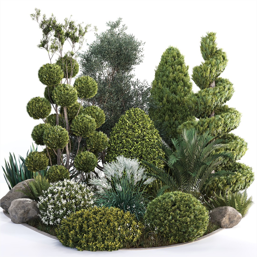 Outdoor Plants 3D Model – Decorative Hedges and Trees, FBX - View 3
