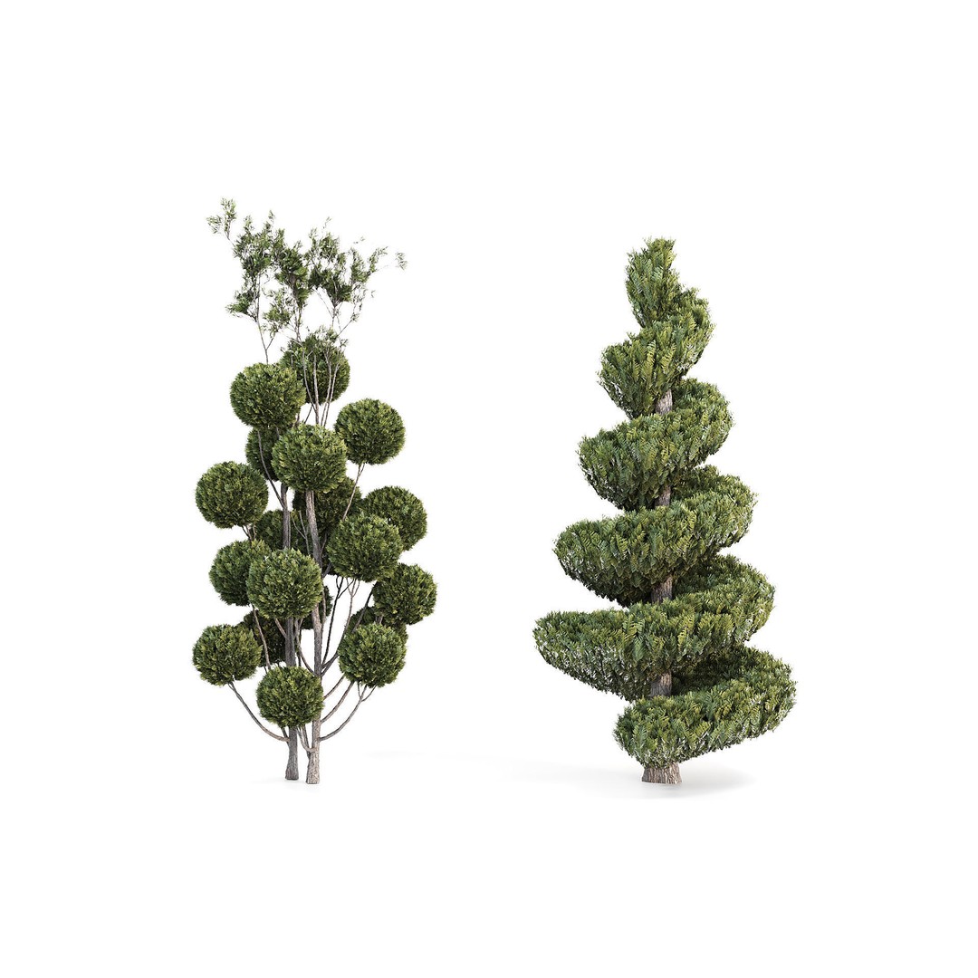 Outdoor Plants 3D Model – Decorative Hedges and Trees, FBX - View 8
