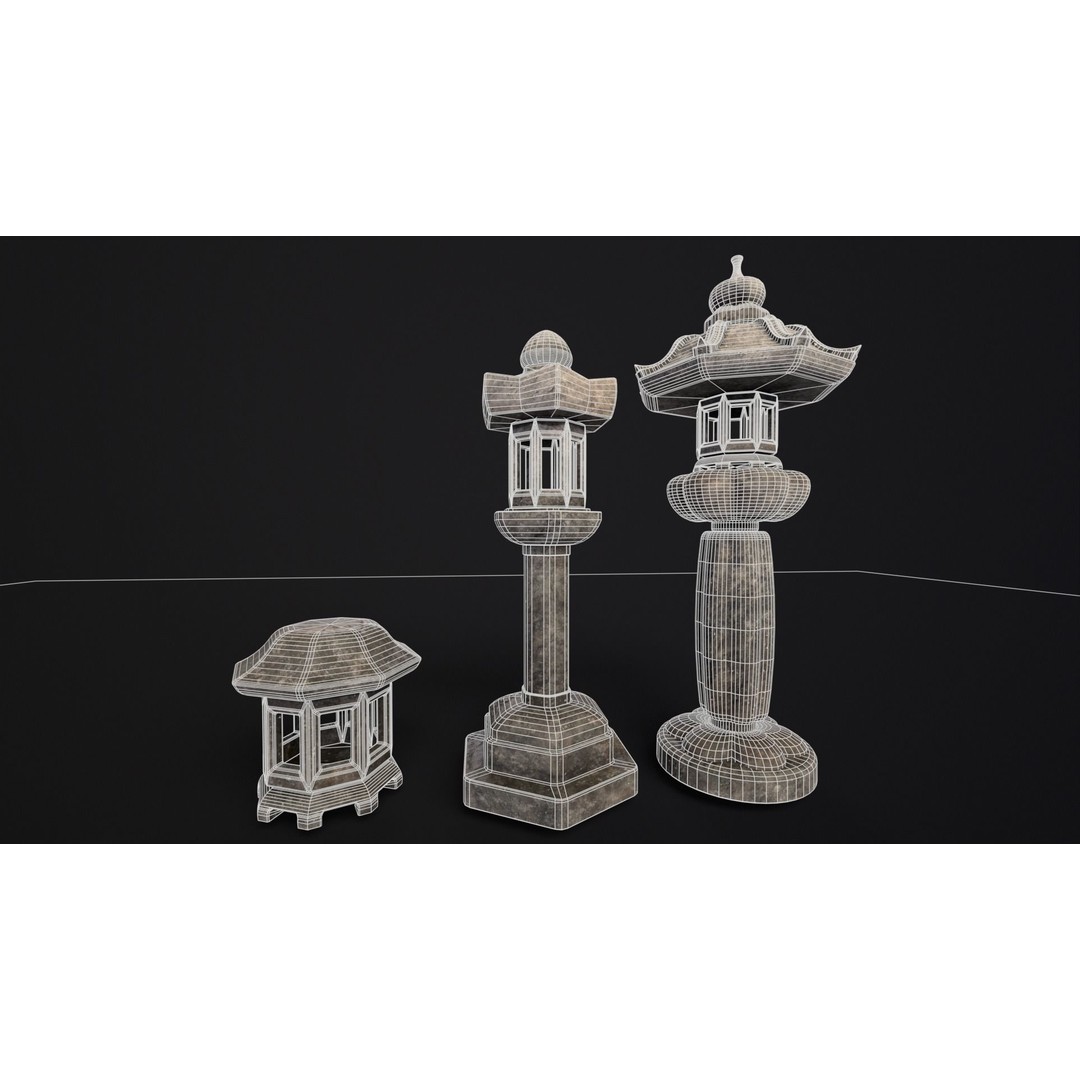 Japanese Lanterns 3D Model – Low Poly PBR Asset, FBX, OBJ - View 4